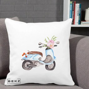 Perna Decorativa Scuter Albastru cu Flori Acuarela, 40x40 cm, Alba Mata, Husa Detasabila, Perna Inclusa, BEKZ®