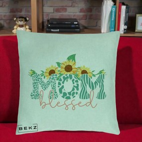 Cadou pentru Mama - Perna Personalizata Mom Blessed cu Floarea Soarelui Animal Print Teal, 40x40 cm, Verde Menta, Husa Detasabila, Perna Inclusa, BEKZ®
