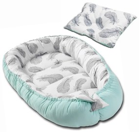 Cosulet bebelus pentru dormit Kidizi Baby Nest + pernuta plagiocefalie Kidizi Mint Feathers