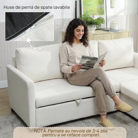 HOMCOM Divan Extensibil pentru 3 Persoane cu Șezlong Convertibil, Divan Rabatabil cu Compartiment de Depozitare și 3 Perne Detașabile, Material Textil cu Efect de In, Living, 192x148x86cm, Crem | Aosom Romania
