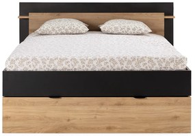 Pat matrimonial negru/în culoare naturală cu aspect de lemn de stejar cu spațiu de depozitare fără somieră 160x200 cm Albo – Marckeric