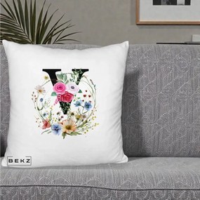 Cadou Personalizat - Perna Personalizata Monograma Florala Litera V cu Coroana, 40x40 cm, Alb Pufos, Husa Detasabila, Perna Inclusa, BEKZ®
