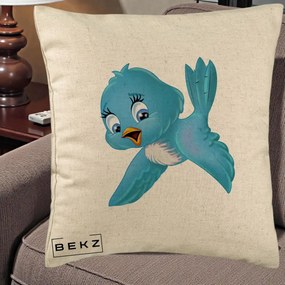 Perna Decorativa Pui de Pasare Albastru, 40x40 cm, Bej, Husa Detasabila, Perna Inclusa, BEKZ®