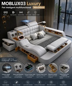 MOBLUX03 Luxury 180x200 cm Light Grey Left Chaise – Pat Inteligent Premium cu Proiector, Vibromasaj, Boxe Bluetooth, Încărcare Wireless și Spații Multiple de Depozitare