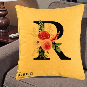 Cadou Personalizat - Perna Personalizata Monograma Florala Litera R, 40x40 cm, Galben, Husa Detasabila, Perna Inclusa, BEKZ®
