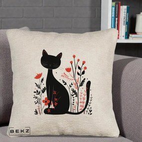 Perna Decorativa Pisica Neagra Flori Rosii Folk Minimal, 40x40 cm, Bej Canapea, Husa Detasabila, Perna Inclusa, BEKZ®