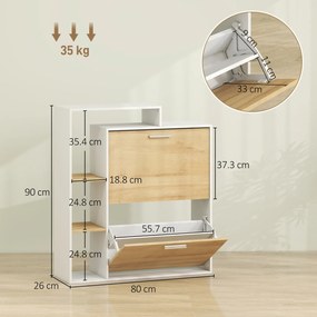 HOMCOM Dulap Slim pentru Pantofi cu 2 Sertare Rabatabile, Dulap Intrare cu Rafturi Reglabile, 3 Rafturi Deschise, Spațiu pentru 8 Perechi de Pantofi, Alb și Lemn Natural, 80x26x90 cm | Aosom Romania