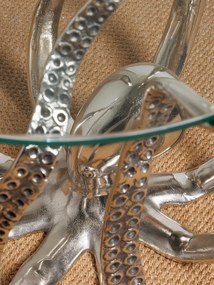 Măsuță laterală sculptată rotundă din aluminiu și sticlă, argintiu, cu bază în formă de caracatiță, 53 x 53 cm, „Octopus”