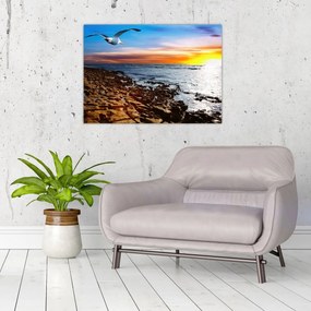 Tablou pe sticlă - Pescărușul zboară deasupra coastei (70x50 cm)