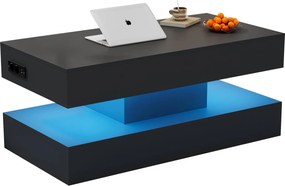 Masă de cafea modernă cu iluminare LED și spațiu de depozitare ascuns, măsuță laterală cu sistem hidraulic de ridicare, 100x50x42 cm, Negru