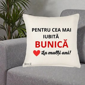 Cadou pentru Bunica - Perna Personalizata Pentru Cea Mai Iubita Bunica La Multi Ani Rosu, 40x40 cm, Crem Reliefat, Husa Detasabila, Perna Inclusa, BEKZ®