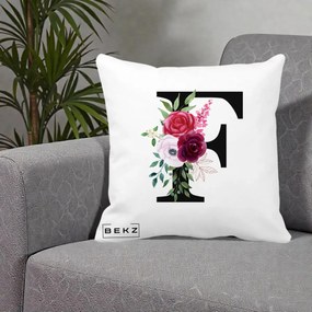 Cadou Personalizat - Perna Personalizata Monograma Florala Litera F, 40x40 cm, Alba Mata, Husa Detasabila, Perna Inclusa, BEKZ®