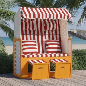 318665 vidaXL Scaun de plajă cu perne, roșu/alb, poliratan și lemn masiv