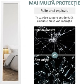 HOMCOM Oglindă cu Ramă din MDF, Picioare și Cârlige pentru Utilizare pe Podea sau pe Perete, 37x40x155 cm, Alb | Aosom Romania