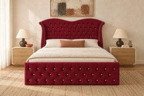 Pat tapițat Chesterfield Avella 160×200 cm, vișiniu, cu ladă de depozitare