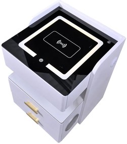 Noptieră inteligentă, cu încărcare wireless și port USB, difuzor multifuncțional Bluetooth, 3 sertare, 3 tipuri de iluminare LED touch, Alb