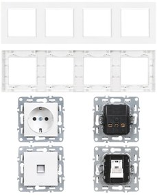 Priză cu trei prize cu împământare Nova IV cu conector UTP cu cadru alb