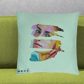 Perna Decorativa Portret Femeie Fragmentat Colorat, 40x40 cm, Verde Menta, Husa Detasabila, Perna Inclusa, BEKZ®