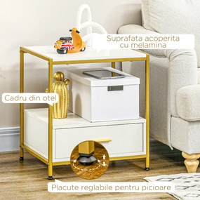 Set de 2 Masute Noptiere Moderne, Noptiere cu Sertar si Raft, Organizatoare de Depozitare, Alb si Auriu 50x40x55cm HOMCOM | Aosom Romania