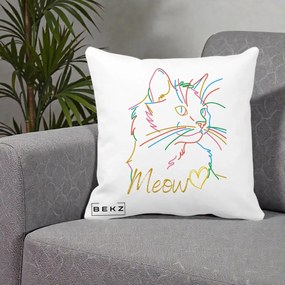 Perna Personalizata Pisica Meow Arta Linie Colorata, 40x40 cm, Alba Mata, Husa Detasabila, Perna Inclusa, BEKZ®