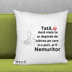 Cadou pentru Tata - Perna Personalizata Tata Nemuritor Lectura, 40x40 cm, Alb Pufos, Husa Detasabila, Perna Inclusa, BEKZ®