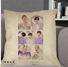 Perna Personalizata K-pop BTS Colaj 7 Portrete cu Inimi Lila, 40x40 cm, Crem, Husa Detasabila, Perna Inclusa, BEKZ®