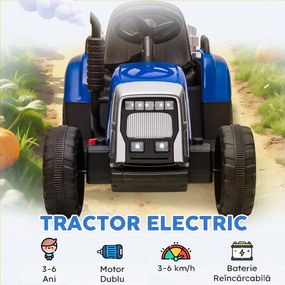 HOMCOM Tractor Electric pentru Copii cu Remorcă Detașabilă, Telecomandă, Port USB, Muzică și Lumini, 3-6 Ani, Albastru | Aosom Romania