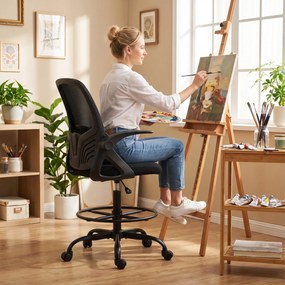 HOMCOM Scaun de Birou Ergonomic din Plasă, cu Suport Lombar și Suport pentru Picioare Reglabil, Cotiere Rabatabile, Negru | Aosom Romania