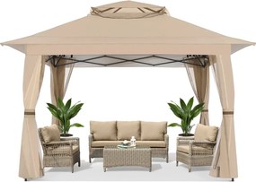 ABCCANOPY Foișor de gradina 3.96x3.96 m - Foișor exterior cu cadru din oțel și plasă de țânțari, înălțime reglabilă 3 trepte, pentru gazon, curte, grădină, terasă, Kaki