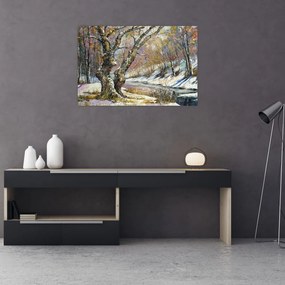 Tablou cu peisaj de iarnă pictat (90x60 cm)