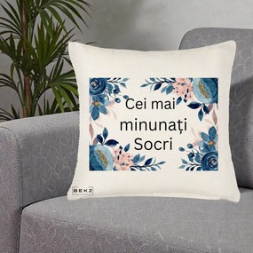 Cadou pentru Socri - Perna Personalizata Cei mai Minunati Socri cu Flori Albastre si Roz, 40x40 cm, Crem Reliefat, Husa Detasabila, Perna Inclusa, BEKZ®