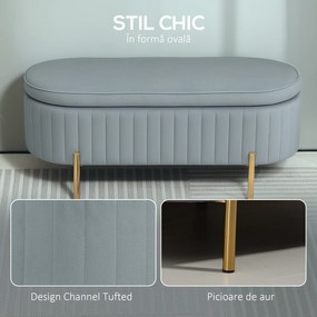 HOMCOM Bancă de Depozitare pentru Intrare Ovală 72L cu Design Scanalat, Capac Ridicabil și Șezut Capitonat, Bancă de la Capătul Patului Pouf în Catifea și Picioare de Lemn de Pin, 108x44x43.5 cm, Gri | Aosom Romania