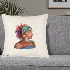 Perna Decorativa Portret Femeie Urbana Acuarela, 40x40 cm, Crem Reliefat, Husa Detasabila, Perna Inclusa, BEKZ®