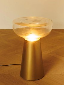 Măsuță laterală iluminată rotundă din metal și sticlă, auriu, cu blat în formă de cupă și bază conică, 56 x 37 cm, „Marvela”