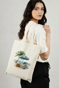 Sacosa de Panza pentru Cumparaturi, Geanta Tote, model Beach life 2 38 x 34.5 cm, Alba, BEKZ®