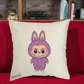 Perna Personalizata Labubu Violet Solo, 40x40 cm, Ecru, Husa Detasabila, Perna Inclusa, BEKZ®