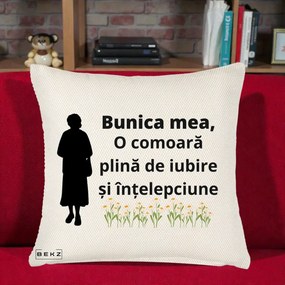 Cadou pentru Bunica - Perna Personalizata Bunica Mea Comoara Iubire Intelepciune Silueta cu Nepoata, 40x40 cm, Crem Reliefat, Husa Detasabila, Perna Inclusa, BEKZ®