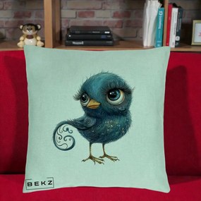 Perna Decorativa Pasare Teal cu Motive Aurii si Coada Spiralata, 40x40 cm, Verde Menta, Husa Detasabila, Perna Inclusa, BEKZ®