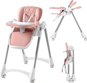 RESIGILAT Scaun de masa pliabil pentru bebelusi si copii Kidizi Allure Roz, 6-36 luni, spatar ajustabil 3 pozitii, roti cu frane