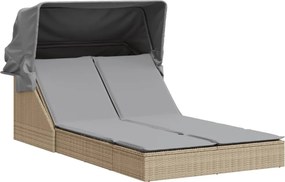 vidaXL Șezlong dublu cu baldachin și perne, bej, poliratan