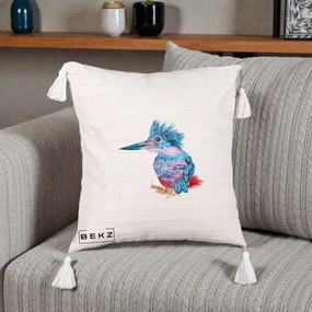 Perna Decorativa Pasare Martin Pescar Acuarela Albastru-Mov, 40x40 cm, Bej cu Franjuri, Husa Detasabila, Perna Inclusa, BEKZ®