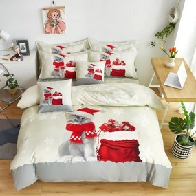 Lenjerie de pat din bumbac crem, KITTEN SANTA CLAUS + husa de perna 40 x 50 cm gratuit