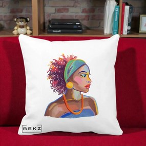 Perna Decorativa Portret Femeie Urbana Acuarela, 40x40 cm, Alba Mata, Husa Detasabila, Perna Inclusa, BEKZ®