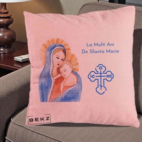 Cadou de Onomastica - Perna Personalizata Sfanta Marie Icoana Acuarela, 40x40 cm, Roz, Husa Detasabila, Perna Inclusa, BEKZ®
