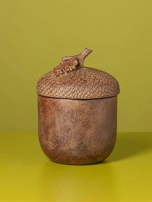 Cutie decorativă din rășină maro în formă de ghindă, capac texturat și frunză de stejar, finisaj antichizat, 18,5 x 13,5 cm, „Glandine”