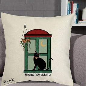 Perna Decorativa Judging You Silently Pisica Geam, 40x40 cm, Ecru, Husa Detasabila, Perna Inclusa, BEKZ®