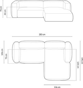 Coltar modular dreapta 2 locuri, Martina-212, Micadoni Home, 283x176x75 cm, velur, caramiziu
