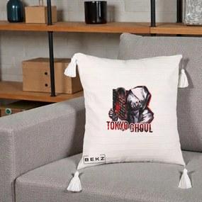 Perna Personalizata Tokyo Ghoul Ken Kaneki Anime, 40x40 cm, Bej cu Franjuri, Husa Detasabila, Perna Inclusa, BEKZ®