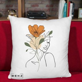 Perna Decorativa Portret Feminin Floare Portocalie, 40x40 cm, Alb Pufos, Husa Detasabila, Perna Inclusa, BEKZ®