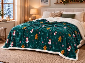 Patura miel din microplus de Craciun SNOWMAN AND GINGERBREAD, verde inchis Dimensiune: 200 x 220 cm